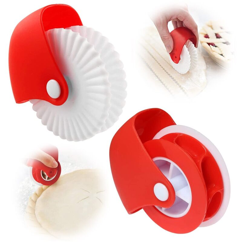 Set bestehend aus 2 Teigrädern, einem Teigrädchen zum Dekorieren, einem Teigrad mit Ausstecher, Teigklammern für ausgerollten Teig, Backutensilien