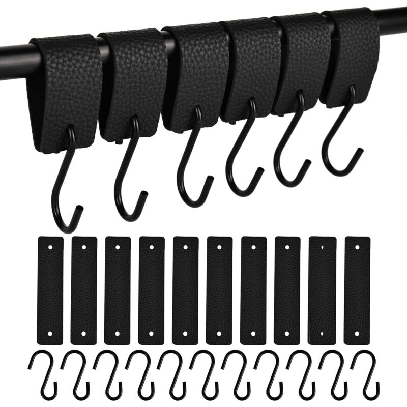 Set mit 10 schwarzen S-Haken aus Metall mit Lederschlaufen, multifunktionale Haken für Kleiderstangen, Schlafzimmer, Kleiderschränke und Küchen