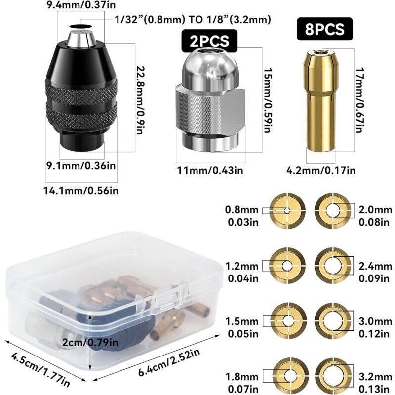 Set mit 11 Bohrfuttern, Dremel 4486 Bohrfutter, 4485 Spannzangen, Schnellwechsel-Spannzangenköpfe aus Messing für Dremel 4000, Trio und mehr, mit