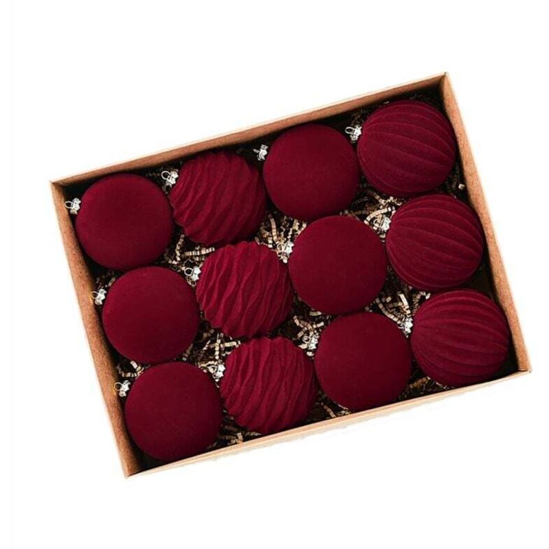 Set mit 12 beflockten Weihnachtskugeln für den Weihnachtsbaum, luxuriöse Festtagsdekoration