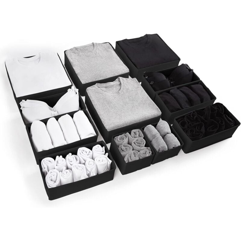 Set mit 12 großen Schubladeneinteilern für Kleidung und Kleiderschränke, Schwarz