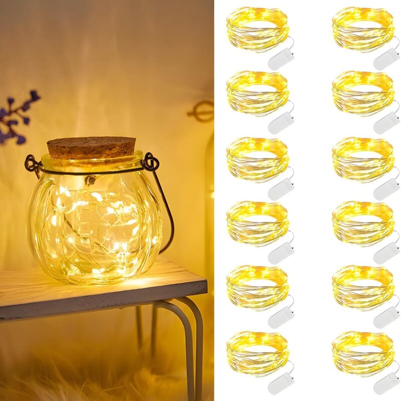 Set mit 12 Lichterketten, 2 m, 20 LEDs, LED-Lichterketten, Mini-wasserdichte LED-Lichterkette für Flasche, Party, Weihnachten, Schlafzimmer, Warmweiß
