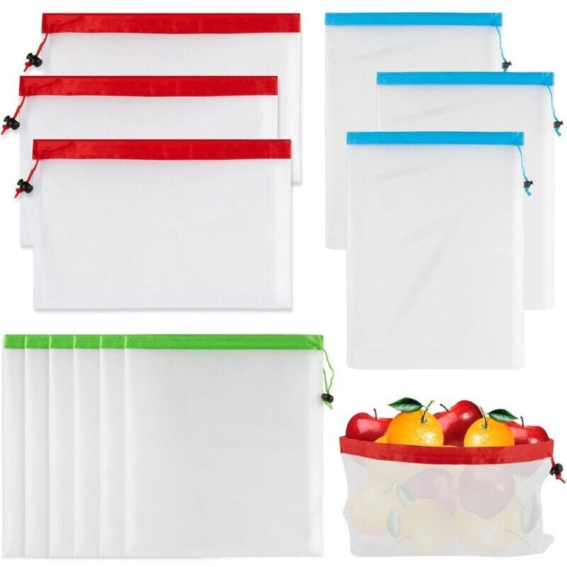 Set mit 12 wiederverwendbaren Netzbeuteln mit Kordelzug für Obst und Gemüse, um Obst und Gemüse im Kühlschrank frisch zu halten, sowie für Spielzeug