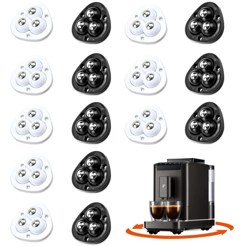 Set mit 16 selbstklebenden Mini-Rollen mit 360°-Kugellager für Möbel, Fritteuse, Mixer, Kaffeemaschine, Mülleimer, schwarz-weiß