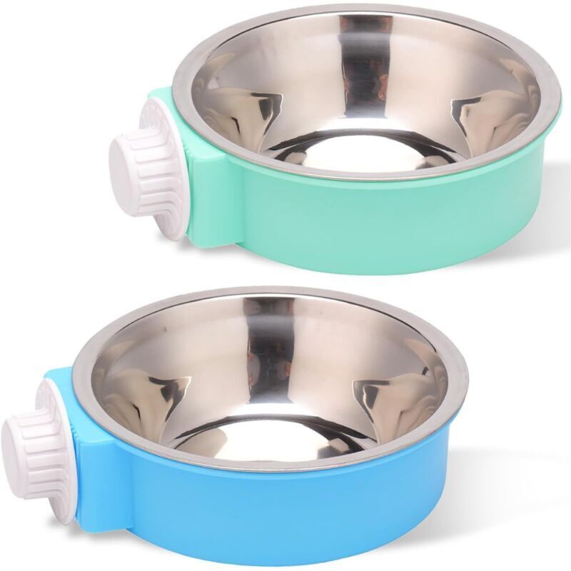 Set mit 2 2-in-1-Hänge-Futternäpfen aus Edelstahl mit abnehmbaren Kunststoffdeckeln, rostfreie Futter- und Wassernäpfe für Welpen, Katzen und