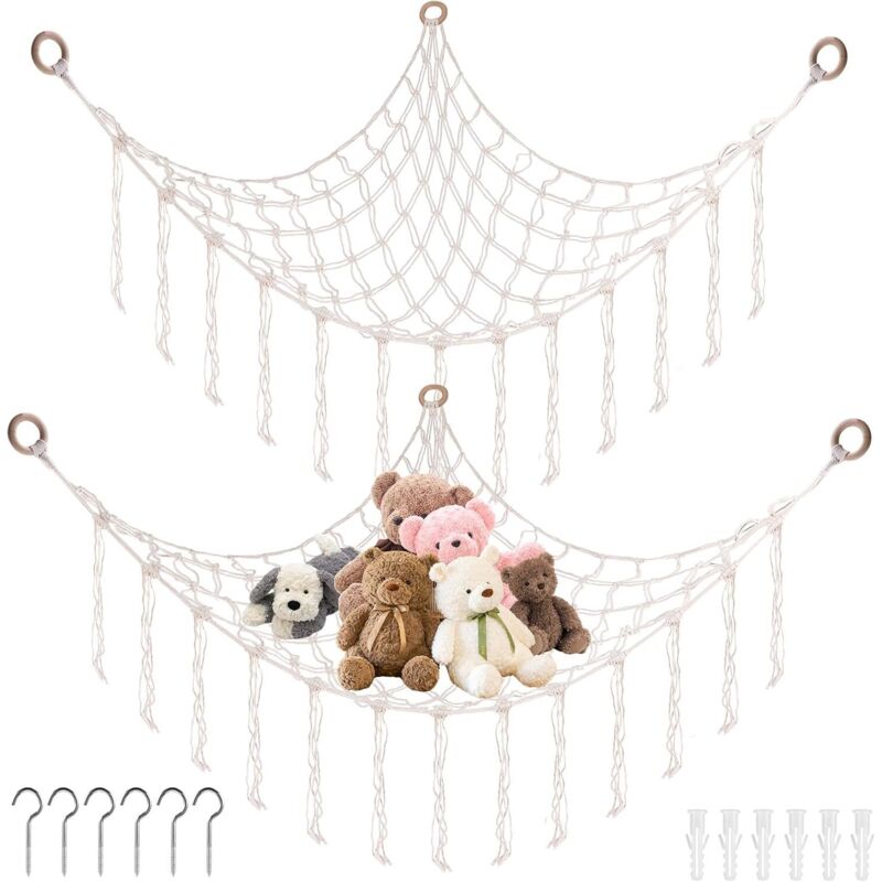 Set mit 2 Aufbewahrungsnetzen für Kuscheltiere – Hängematte mit 6 Haken – Für Kinderzimmer, Schlafzimmer, Wohnzimmer