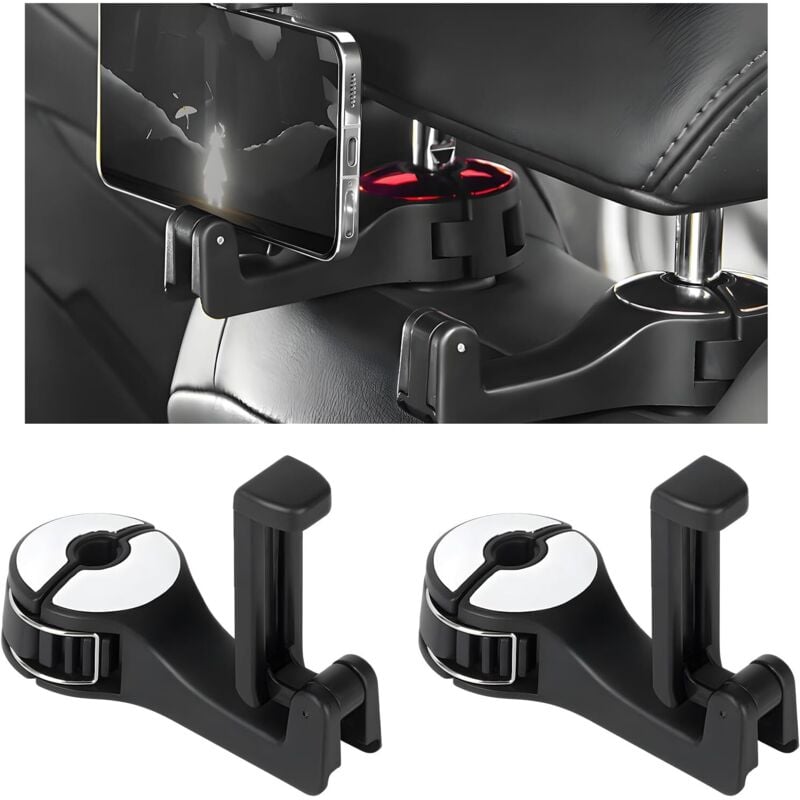 Set mit 2 Auto-Kopfstützenhaken mit Handyhalterung, 360° drehbare Autositzhaken für Handtaschen, Rucksäcke, Einkäufe, universelles Staufachzubehör