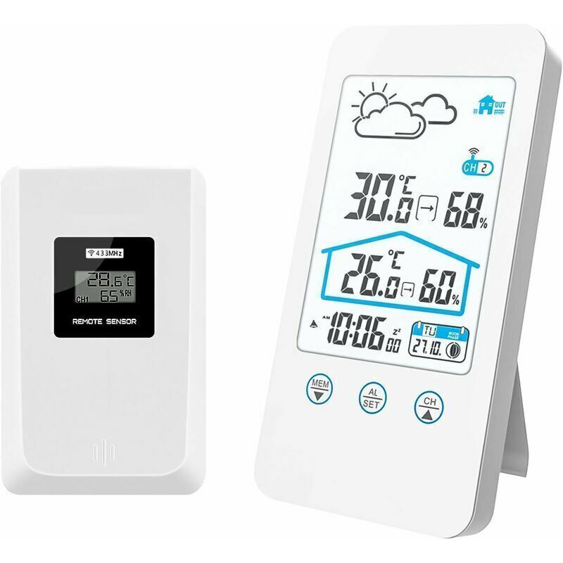 Drahtlose Wetterstation, drahtloses digitales Innenthermometer, Luft- und Feuchtigkeitsbarometer für Innenräume, Wetterstationsuhr mit Außensensor
