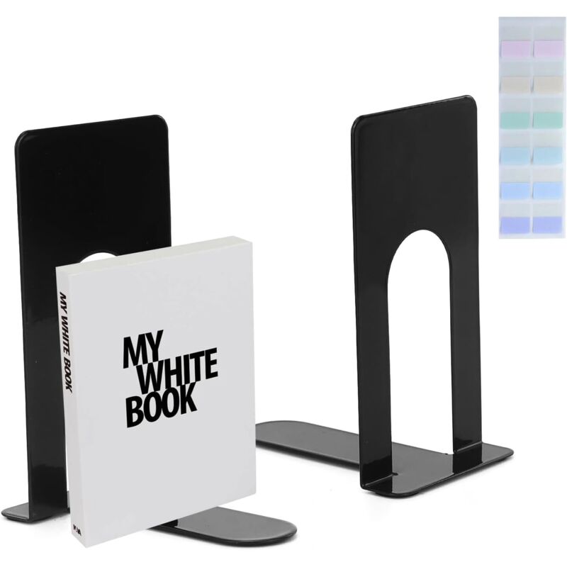 Set mit 2 Buchstützen aus Metall – 80 x 70 x 130 mm – Für Bücher, Zeitschriften und DVDs – Schwarz – Inkl. 1 Etikettenaufkleber