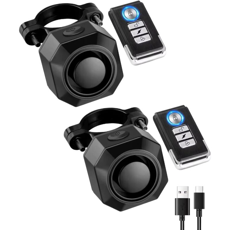 Set mit 2 kabellosen, wiederaufladbaren Fahrradalarmsystemen für E-Bikes, Motorräder, Roller, Autos, maßgeschneiderte USB-C-Aufladung