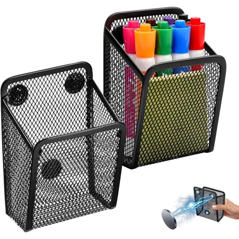 Set mit 2 magnetischen Stifthaltern, schwarzen Aufbewahrungskörben aus Metallgewebe, Organizer aus Netzgewebe für Kühlschrank, Bürobedarf,