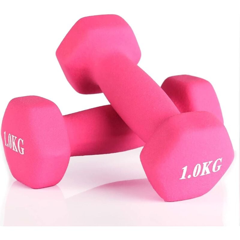 Set mit 2 Neopren-Hanteln für Zuhause, Fitnessstudio, Fitnessübungen und Gewichte - Pink - 1 kg - Für Frauen und Kinder Fitness-Hanteln