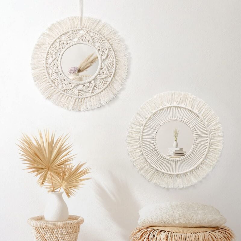 Set mit 2 runden Makramee-Wandspiegeln, Wandspiegel mit Fransen, hängender Anhänger, Spiegel, Kunstornament, Boho-Dekoration für Wohnung, Zuhause,
