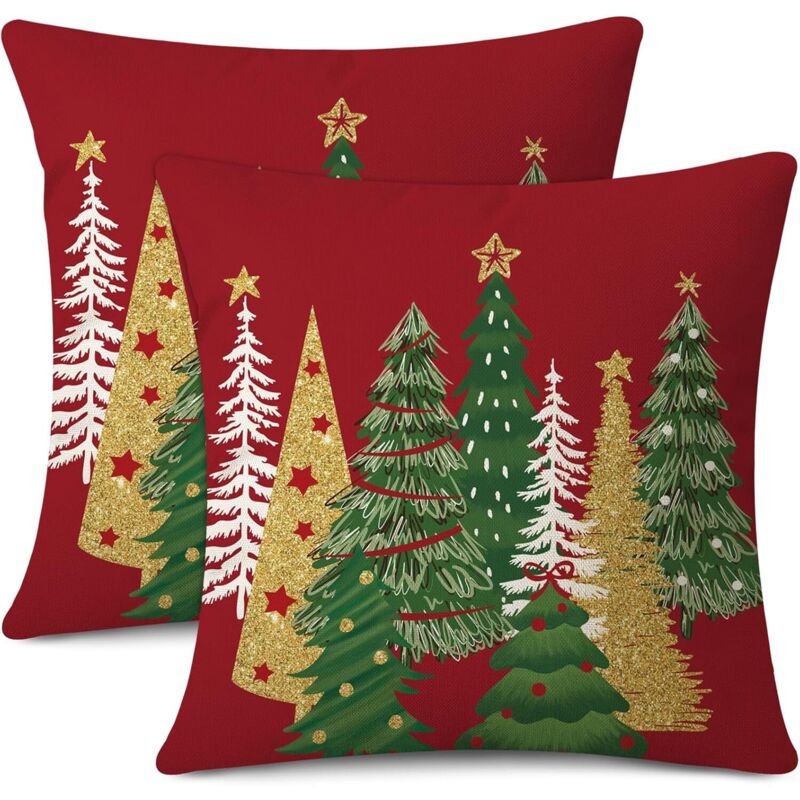 Set mit 2 Weihnachtskissenbezügen, 45×45 cm, Motiv: Roter Tannenbaum, Winterdekoration, Sofa/Couch