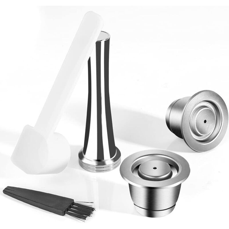 Set mit 2 wiederverwendbaren Edelstahl-Kaffeepads, kompatibel mit Nespresso-Maschinen, inklusive 1 Stempel, 1 Löffel und 1 Bürste
