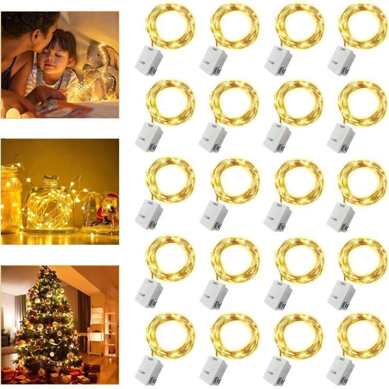 Set mit 20 batteriebetriebenen Lichterketten, 2 m lang, 20 LEDs, Kupfer, wasserdicht, warmweiß, für Hochzeits- und Weihnachtsdekoration