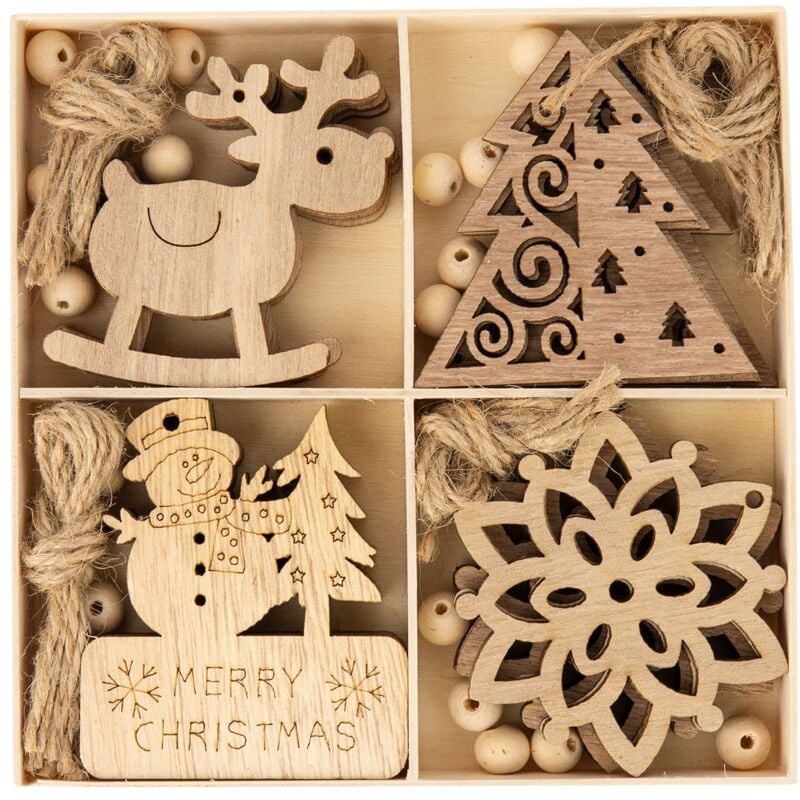 Beijiyi - Set mit 20 weihnachtlichen Holzanhängern – Weihnachtsdekoration – Weihnachtsdekoration – Holzfarbe