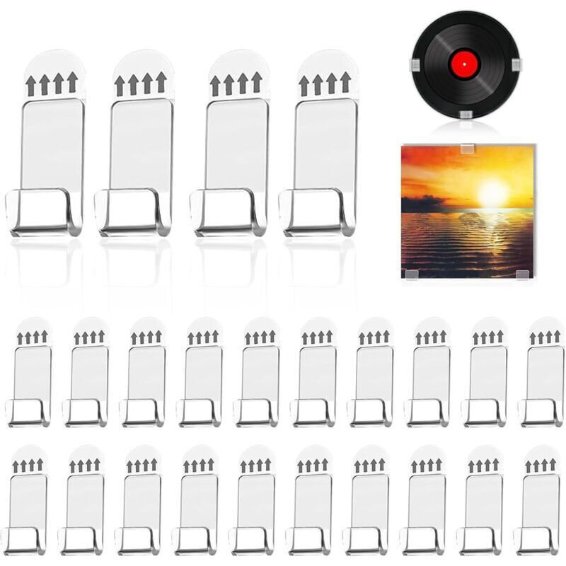 Set mit 24 kleinen, wandmontierten Schallplattenhaltern, Acrylhaltern, selbstklebend, bohrfreies, transparentes Regal für Schallplatten, CDs und DVDs