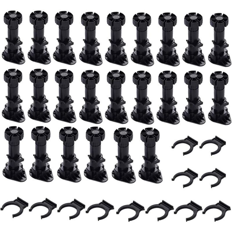 Set mit 24 verstellbaren Kunststoff-Möbelfüßen, schwarz, mit Clipbefestigung, für Küchenmöbel, Schränke und Sofas (60 mm - 80 mm)
