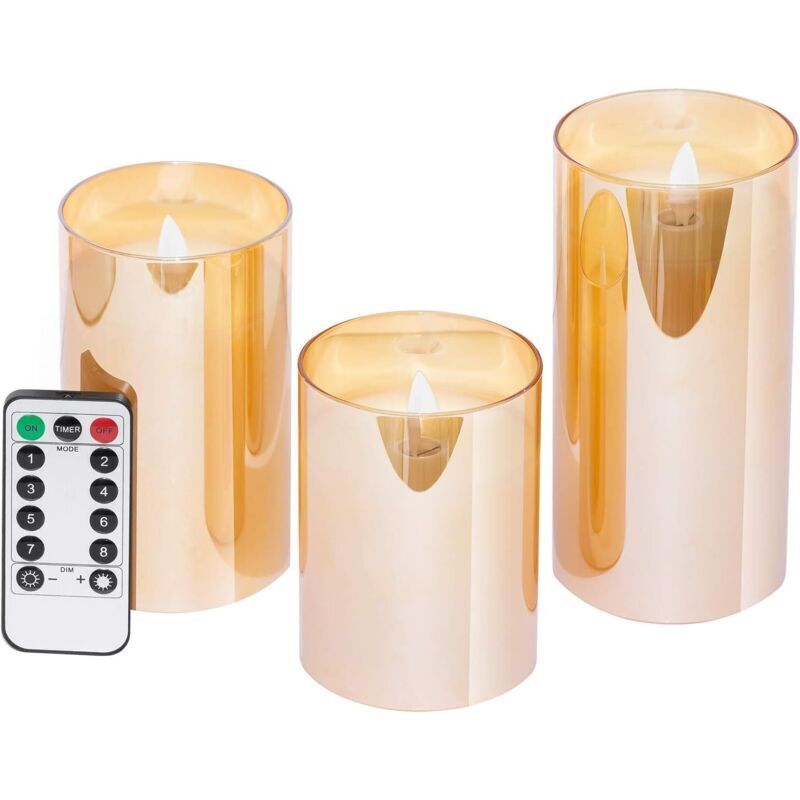 Set mit 3 flammenlosen LED-Kerzen, batteriebetriebene Stumpenkerzen, mit Fernbedienung und Timer, elektrische Kerzen, Durchmesser 7,6 cm, Höhe 10,2