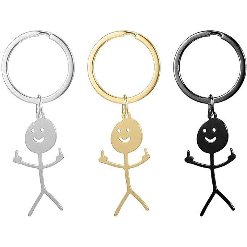 Set mit 3 humorvollen „Mittelfinger“-Schlüsselanhängern, „Mittelfinger“-Geschenk, humorvolles „Strichmännchen“-Geschenk in Silber, Gold und Schwarz.