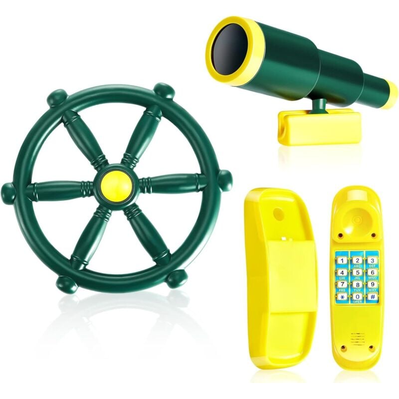 Set mit 3 Zubehörteilen für Kinderspielplätze, Gartenschaukeln, Spielgeräte, Piratenschiff aus Kunststoff, Rad, Teleskop, Telefon, Spielhaus für