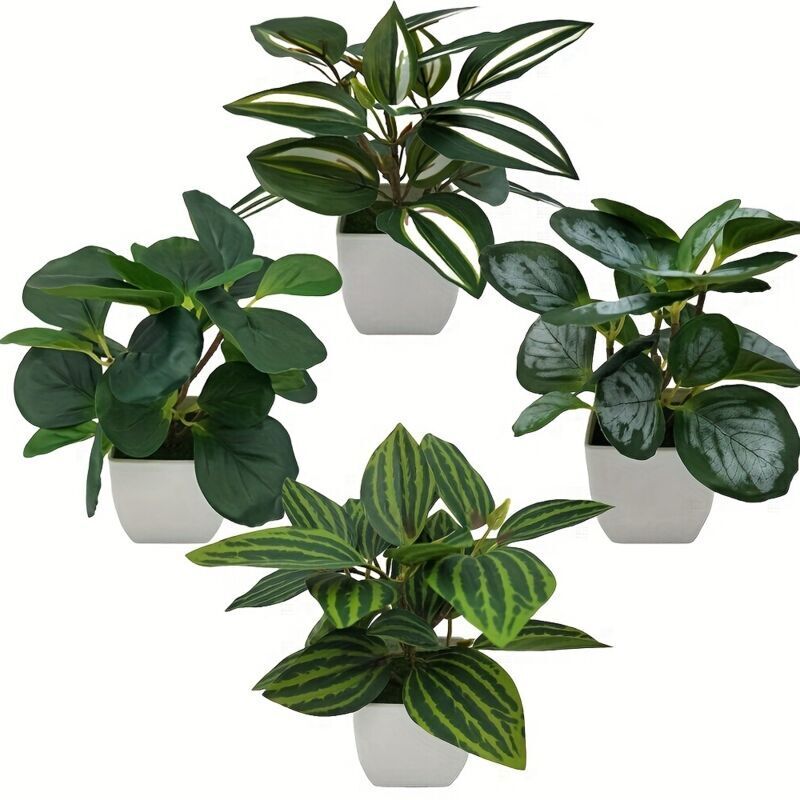Set mit 4 kleinen künstlichen Pflanzen in weißen Töpfen, Mini-Kunstpflanzen aus Kunststoff, künstliche Pflanzen, Wohndekoration, Grünpflanzen