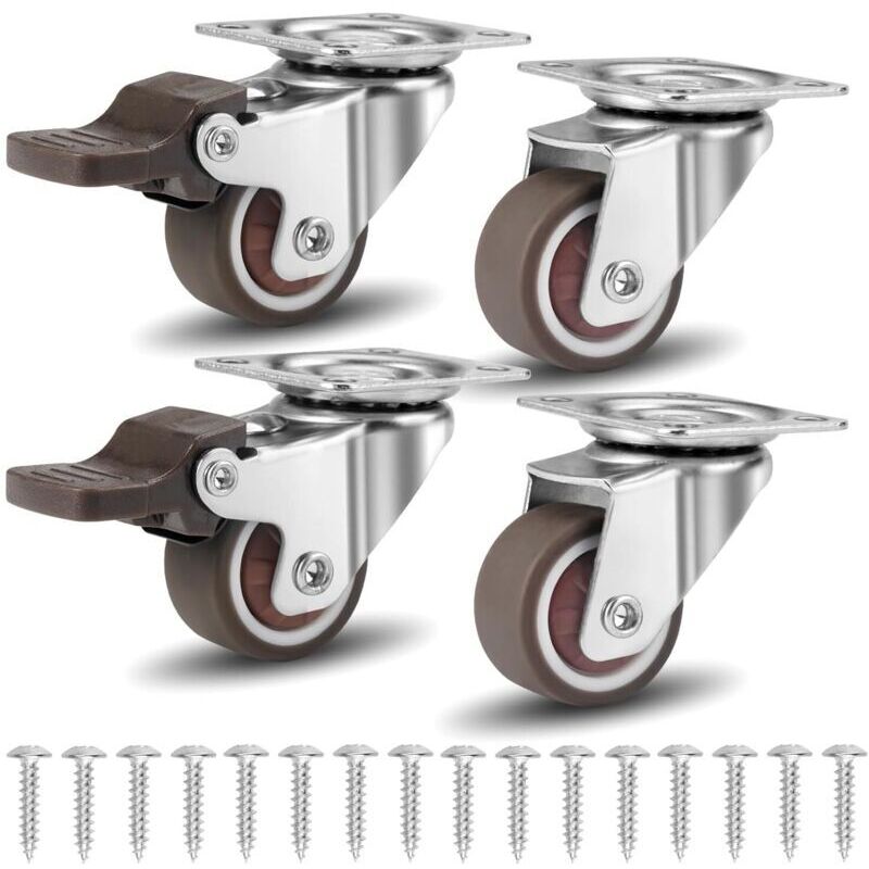 Set mit 4 Lenkrollen, 25 mm Lenkrollen für Möbel, Lenkrollen mit Schrauben, 2 mit Bremsen + 2 ohne Bremsen, Tragkraft 60 kg, Möbelrollen für Wagen