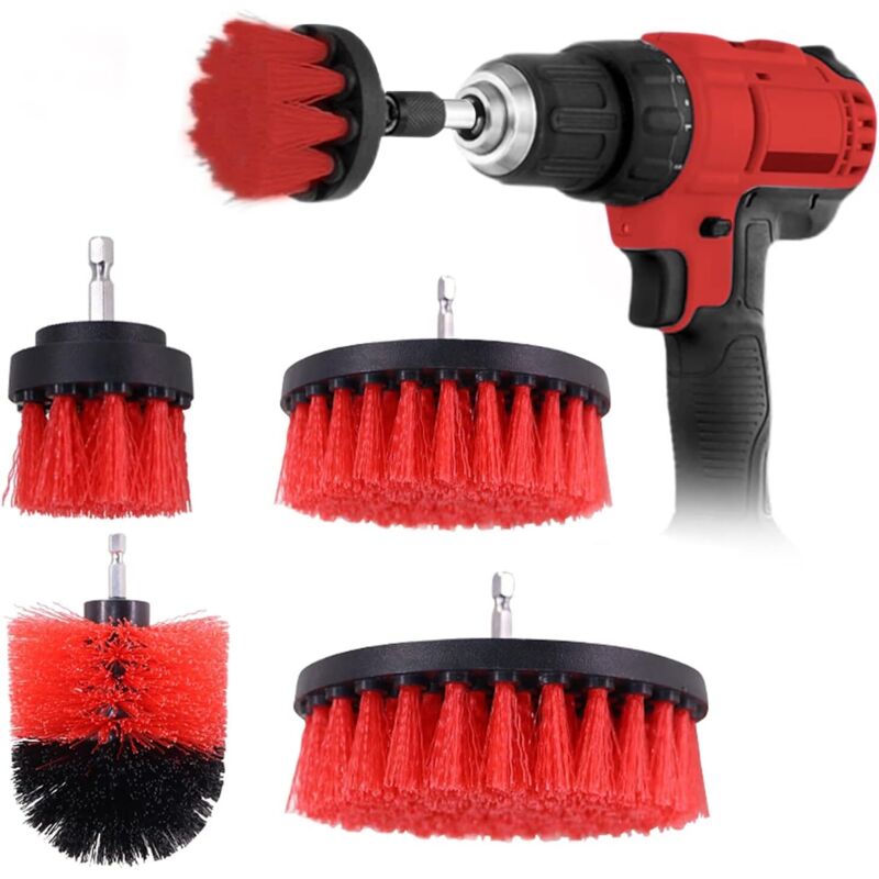Set mit 4 Reinigungsbürsten für Bohrmaschinen, Felgen, Badewannen, Fliesen, Küchen, Autos, Sofaecken und Grills, Rot