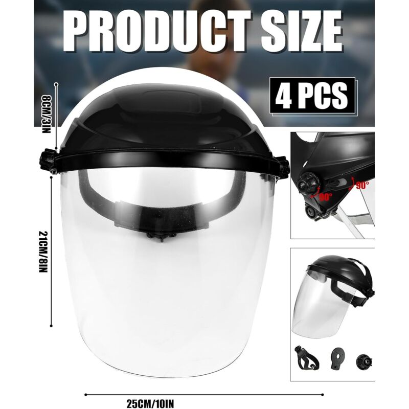 Set mit 4 Schutzvisieren zum Schleifen und Schneiden, stoßfeste Vollgesichtsschutzmaske für Arbeiten mit Chemikalien und Holzbearbeitung (schwarz)