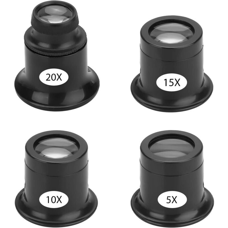 4-teiliges tragbares Juwelier-Lupenset, Uhrmacherlupen mit unterschiedlichen Vergrößerungsstufen, 5x, 10x, 15x, 20x, Lupen zum Tragen am Auge,