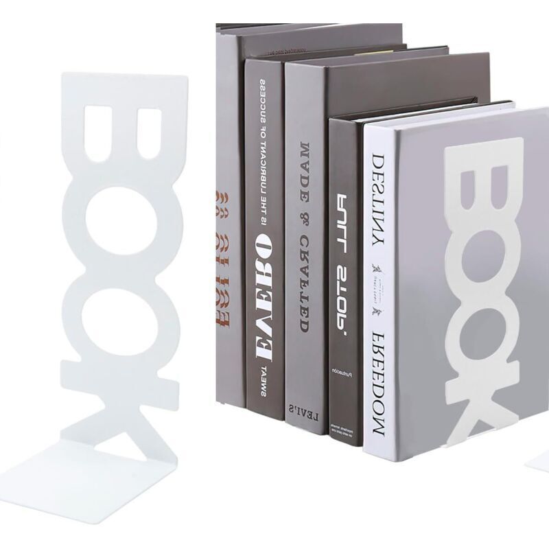 Set mit 4 weißen Metall-Buchstützen für Regale, Bücherständer, Bücherregale, Bücher, DVDs, Zeitschriften