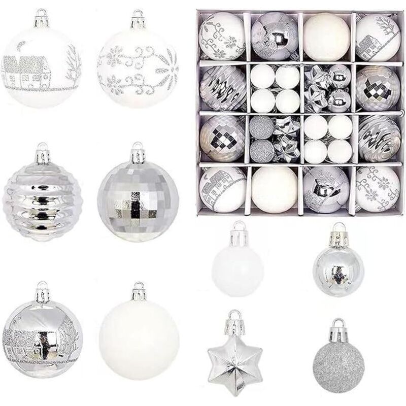 Set mit 44 dekorativen Weihnachtskugeln aus Kunststoff – Silber und Weiß
