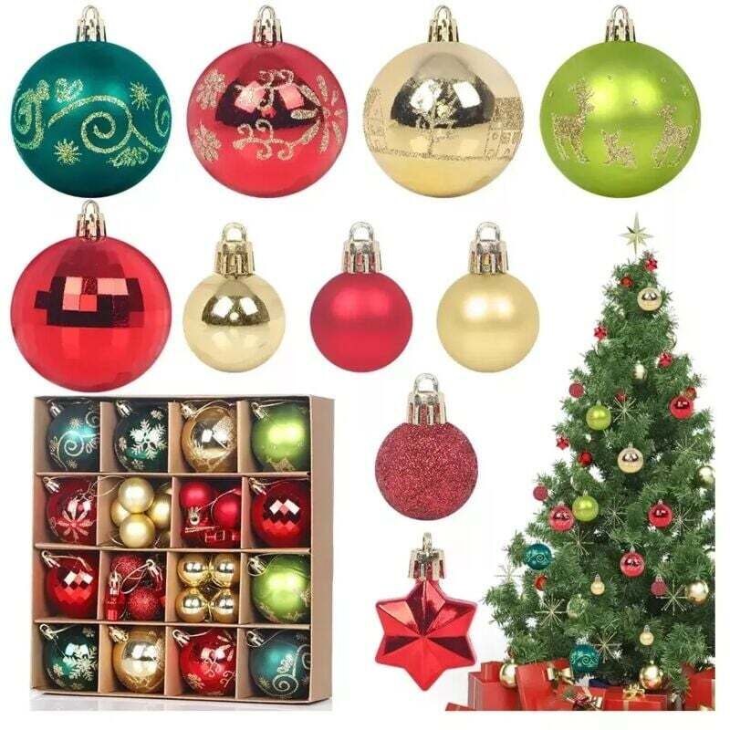 Set mit 44 farbigen Weihnachtskugeln, mehrfarbige Weihnachtskugeln, rot, grün, gold, unzerbrechlich, aus Kunststoff, sortiert und leuchtend, zum
