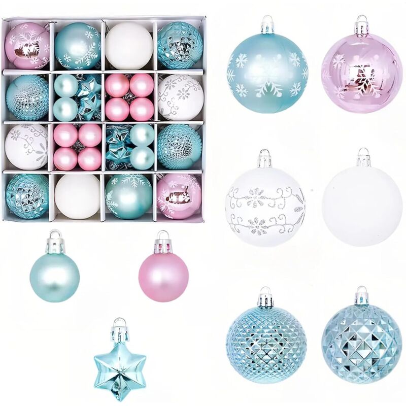 Set mit 44 unzerbrechlichen Weihnachtskugeln aus Kunststoff zum Aufhängen, Weihnachtsdekoration (blau, weiß, rosa)