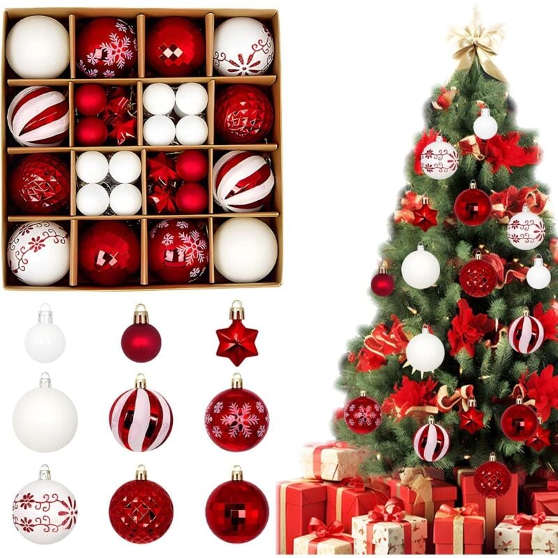 Set mit 44 Weihnachtskugeln - Weihnachtsbaumschmuck - Weihnachtskugeln - Weihnachtskugeln - Weihnachtskugeln - Weihnachtskugeln (rot und weiß)