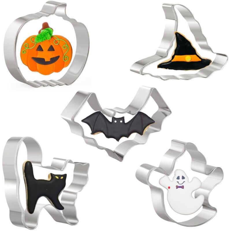 Set mit 5 Halloween-Ausstechformen: Kürbis, Fledermaus, Geist, Hexenhut, Backformen aus Edelstahl