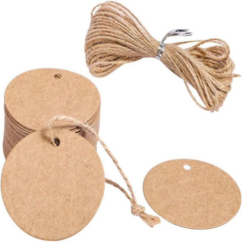 Set mit 50 runden Kraftpapier-Anhängern + Juteschnur - EINNENFFER - Ideal für Ihre Weihnachtsgeschenke, individuell gestaltbar und langlebig, perfekt