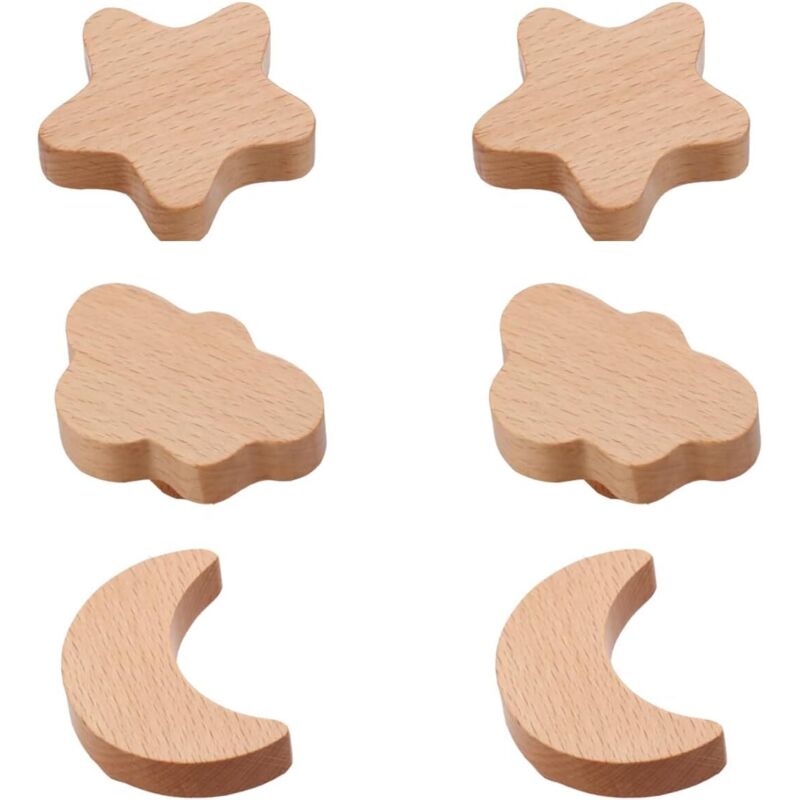 Set mit 6 Massivholz-Schrankknöpfen für Kinder, Sterne, Mond, Wolken für Kleiderschränke, Kindermöbelknöpfe