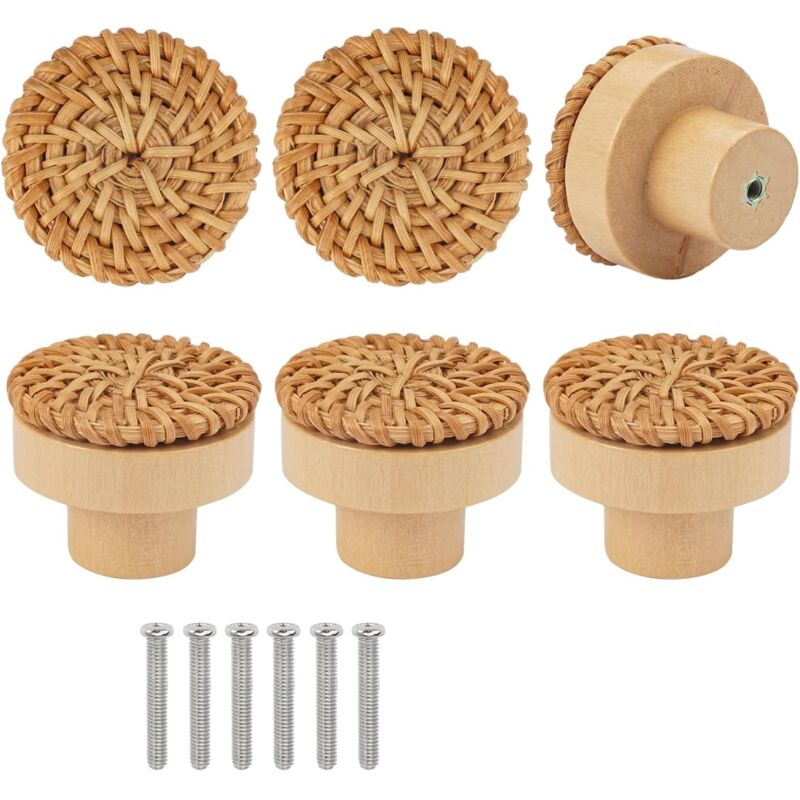 Set mit 6 Rattan-Möbelknöpfen, 4 x 3 cm, Vintage-Stil, rund, aus Holz, inklusive Schrauben. Für Kleiderschränke, Kommoden, Wohnzimmer- und