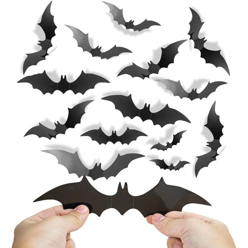 Set mit 60 Halloween-Fledermaus-Wanddekorationen – 4 Größen – Schwarz – Für Halloween-Partydekorationen