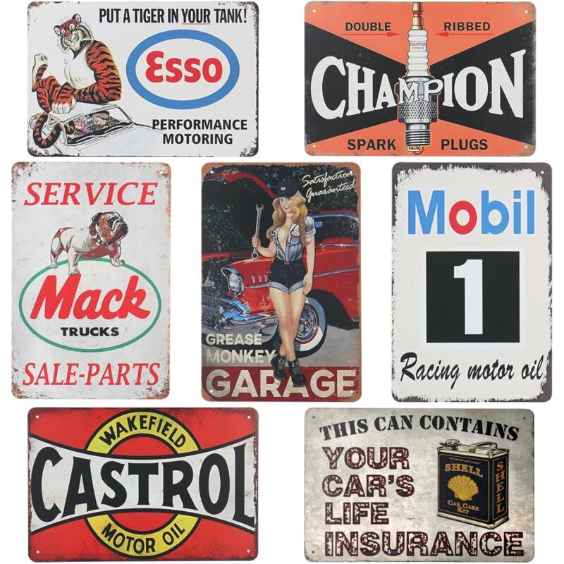 Set mit 7 Vintage-Metallschildern, dekorative Metallschilder, 30 x 20 cm, Vintage-Dekoration, Dekoration für Café, Garage