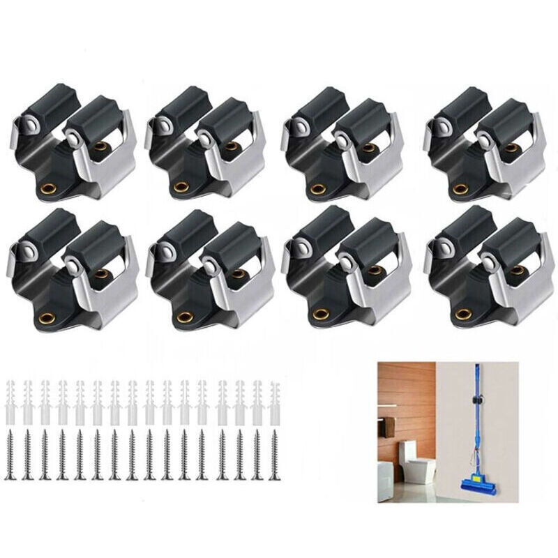 Set mit 8 Wandhalterungen für Mopp, Besen und Gartengeräte – Schwarz