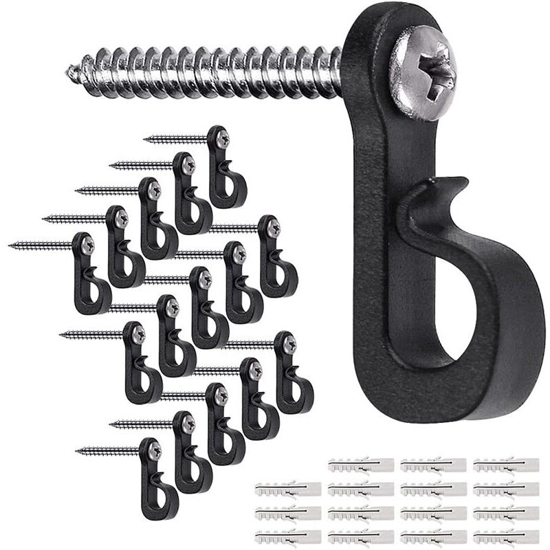 Shining House - 20 Stück Schraubhaken für den Innen- und Außenbereich für Weihnachtsbeleuchtung, Garage, Neujahr für Lichterketten im Freien (schwarz)