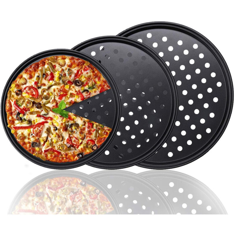 Pizza-Backform-Set mit 3 antihaftbeschichteten runden Pizza-Backformen mit perforierten Löchern, 24 cm, 28 cm, 32 cm, Kohlenstoffstahl, für Zuhause,