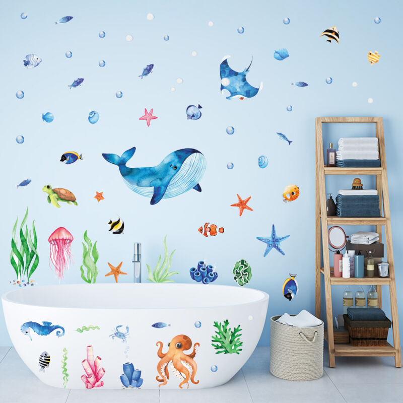 Shining House - Wandtattoos 'Unter dem Meer', Fisch-Wandaufkleber, Meereswale, Wandtattoos für Kinderzimmer, Babyzimmer, Badezimmer