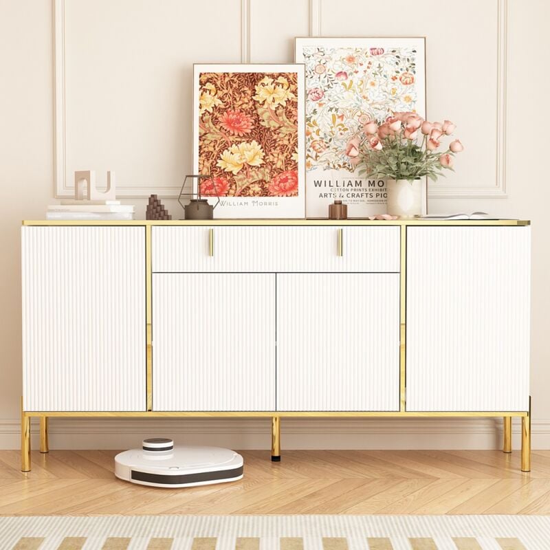 Sideboard 160 cm mit 1 großer Schublade,Aufbewahrungsmöbel mit verstellbarem Regal,Kommode mit 4 Türen, weißes Sideboard für Wohnzimmer, Esszimmer,
