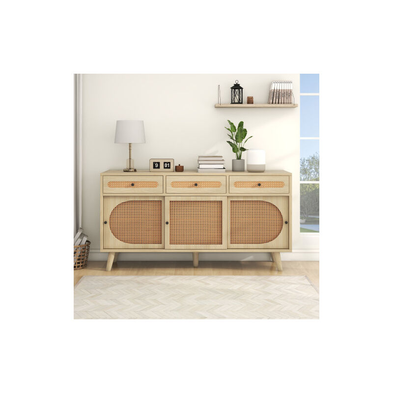 Sideboard aus Holz, 140 cm lang, mit PE-Kunststoff-Rattantür und verstellbaren Einlegeböden, 3 Schubladen, Sideboard mit 3 Schiebetüren OKWISH