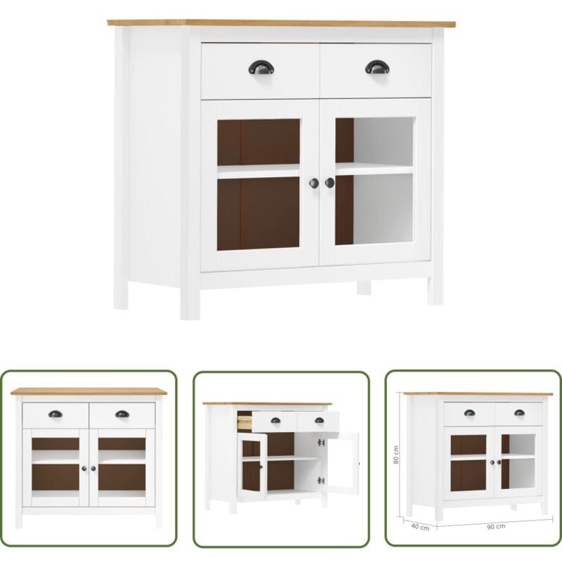 The Living Store Sideboard Hill Weiß 90x40x80 cm Massivholz Kiefer - Holz Sideboard - Massiver Kiefernschalter - Weißes Regal - Wohnzimmer Dekoration