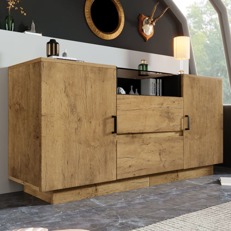 Sideboard-Kommode in Eichenoptik mit 2 Schubladen + 2 Türen + offenem Fach, Sideboard aus gehärtetem Glas und schwarzen Griffen, 140 x 40 x 70 cm